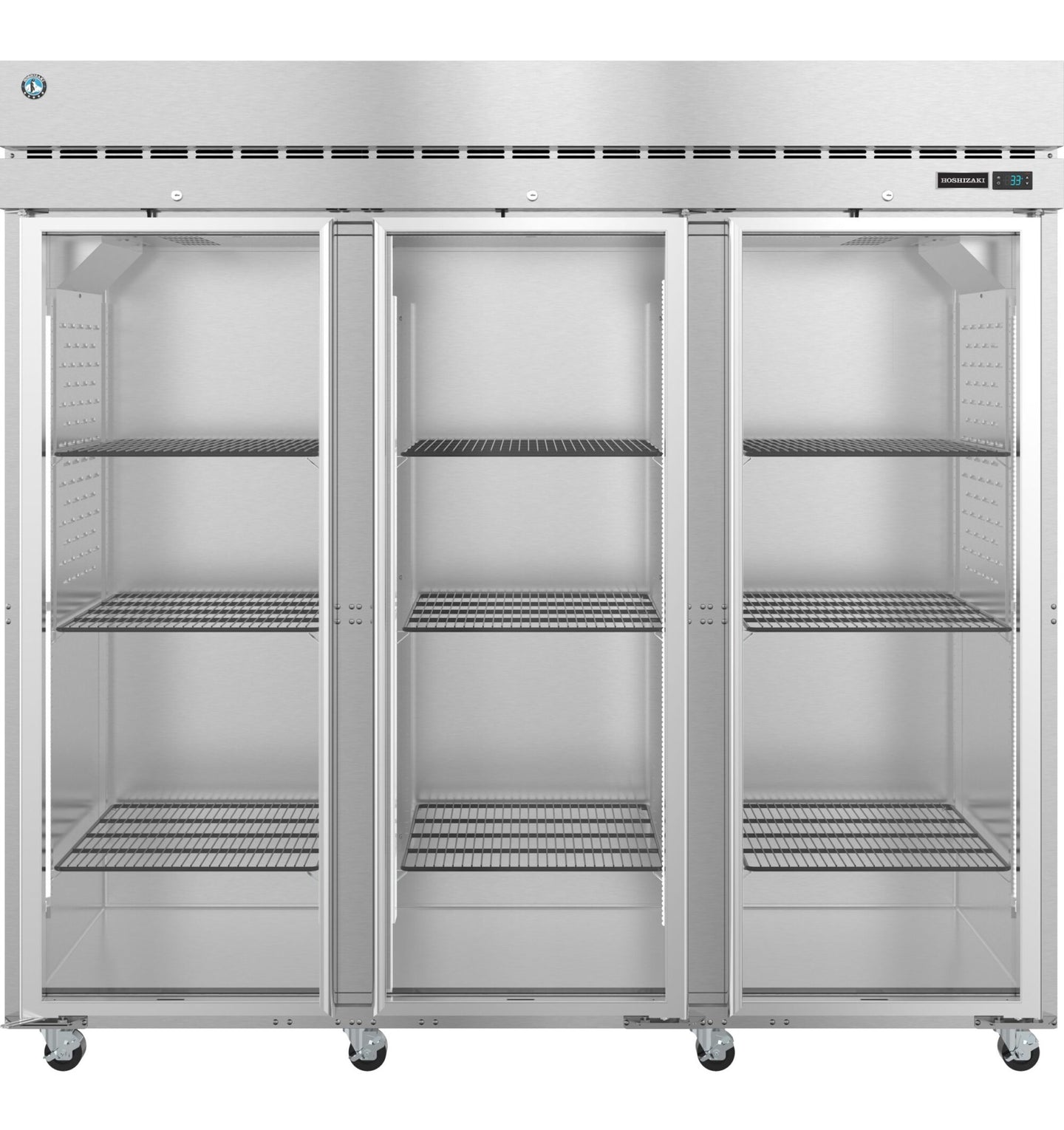 Hoshizaki R3A-FG Steelheart Series three section reach-in refrigerator with full glass doors