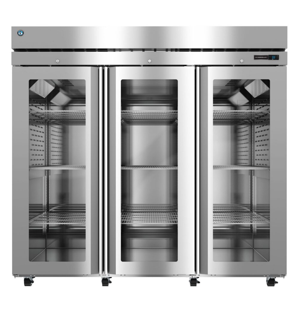 Hoshizaki R3A-FGE Steelheart Series three section reach-in refrigerator with full glass doors