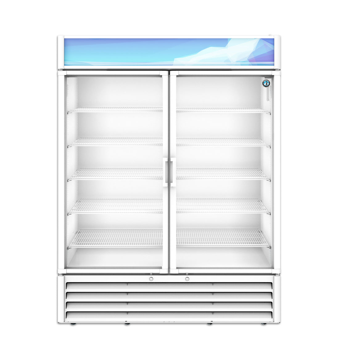 Hoshizaki RM-49-HC-WHT white two section glass door refrigerated merchandiser, front view