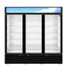 Hoshizaki RM-65-HC-BLK black three section glass door refrigerated merchandiser, front view