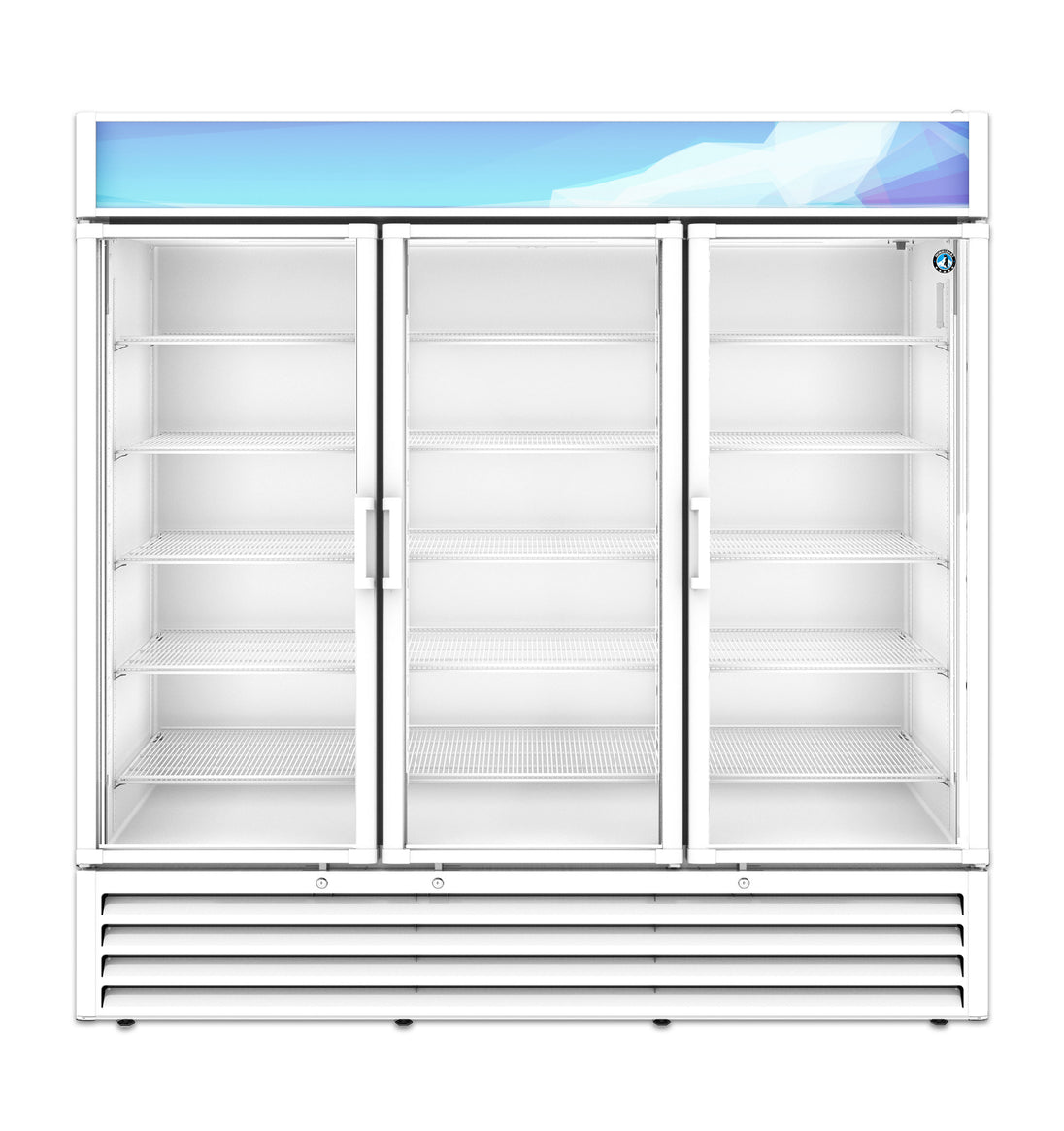 Hoshizaki RM-65-HC-WHT three section white glass door merchandiser refrigerator, front view