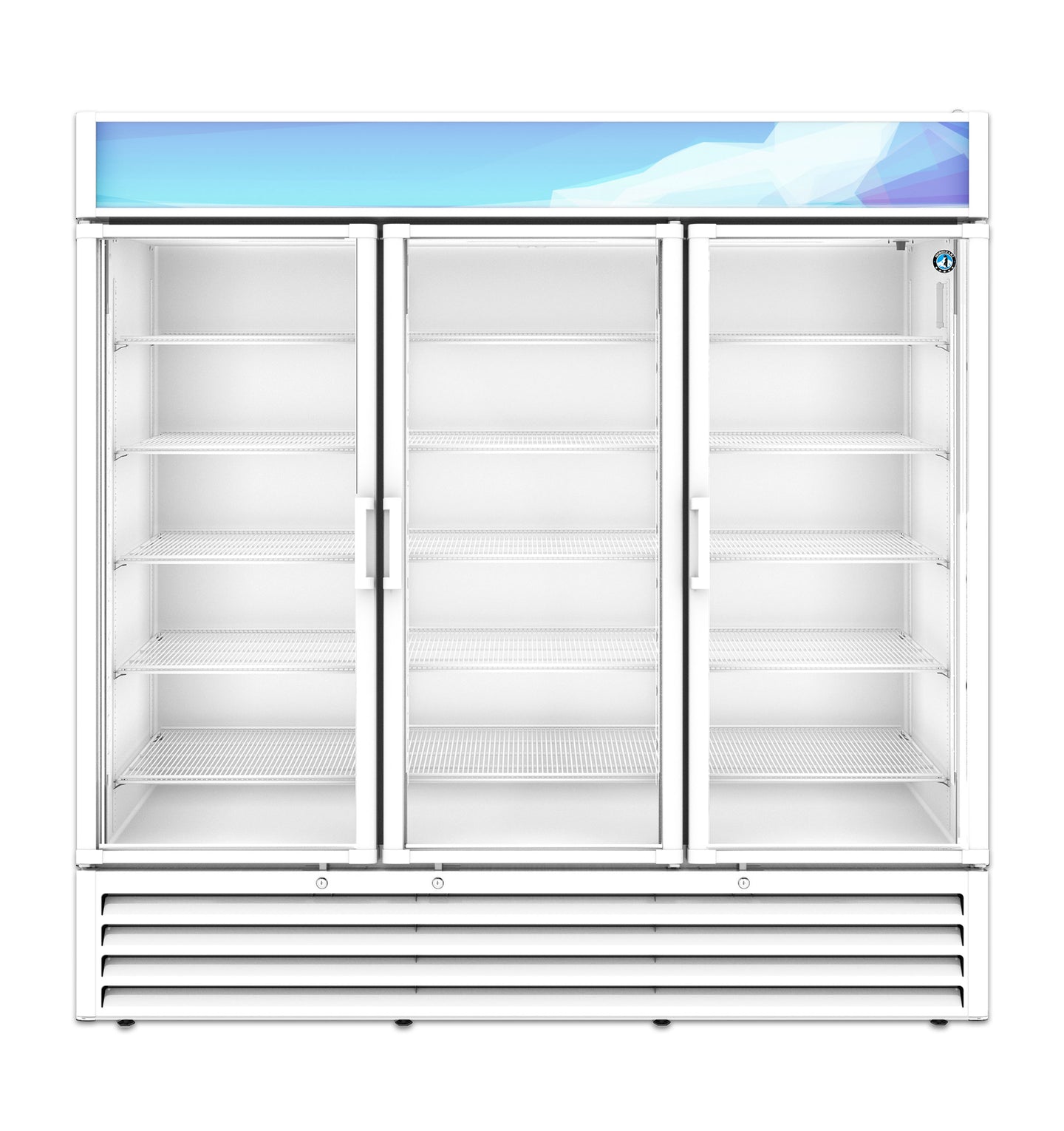 Hoshizaki RM-65-HC-WHT three section white glass door merchandiser refrigerator, front view