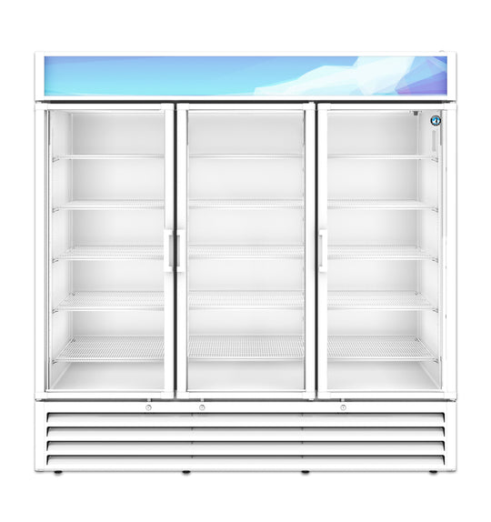 Hoshizaki RM-65-HC-WHT three section white glass door merchandiser refrigerator, front view
