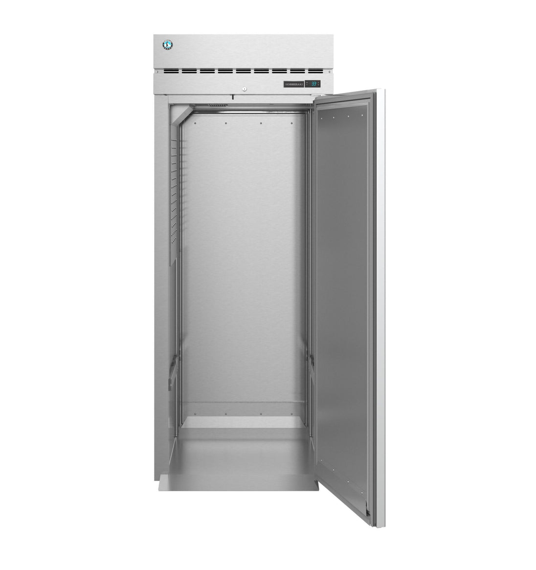 Hoshizaki RN1A-FS roll-in refrigerator with stainless door open showing rack interior