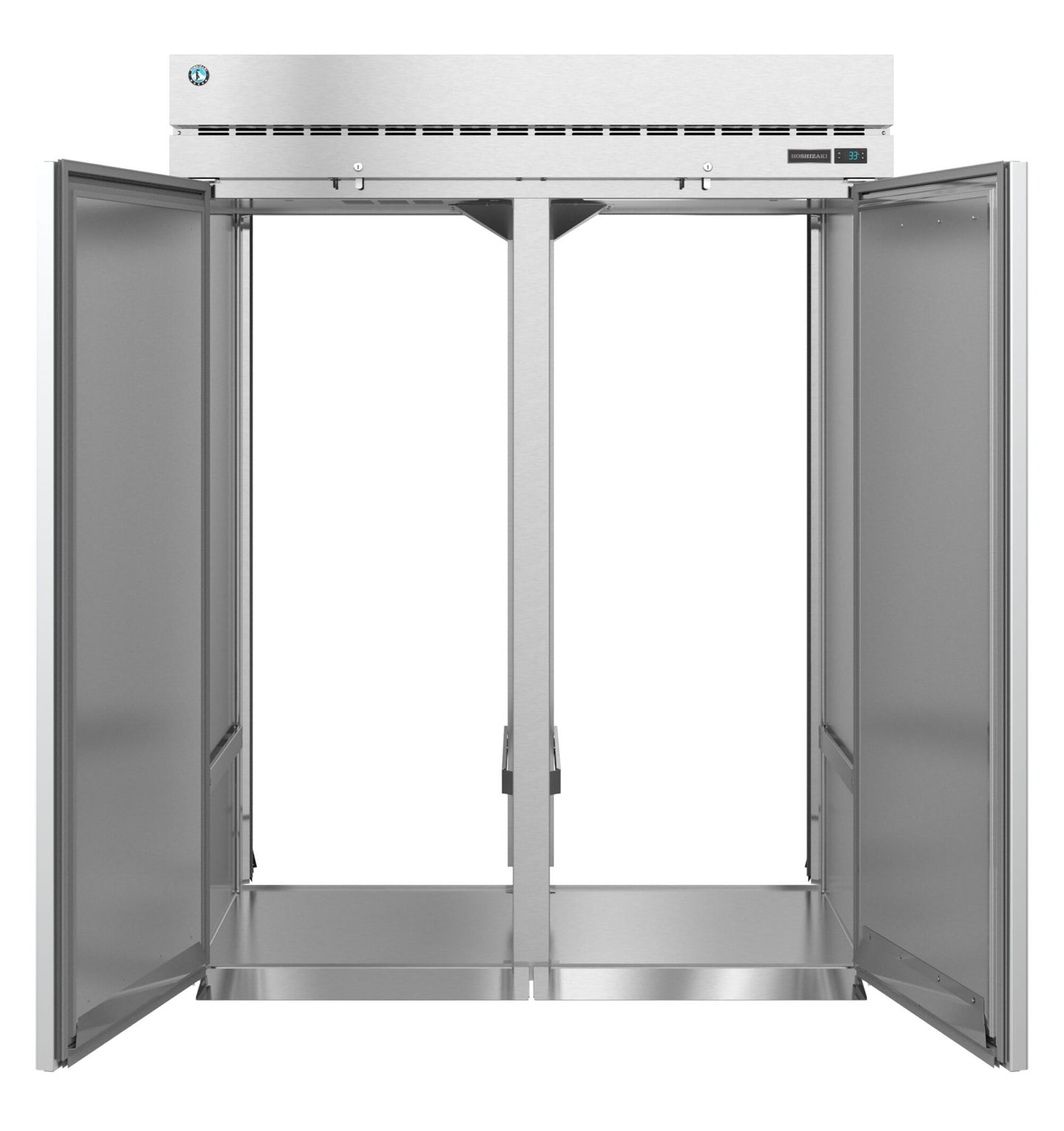 Hoshizaki RT2A-FS-FS roll-thru refrigerator with stainless doors open