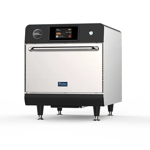 Pratica Rocket Express speed oven in stainless steel, angled view