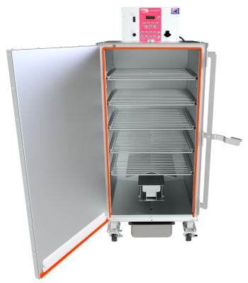 Cookshack SM160 electric smoker oven interior with five 18 inch grills