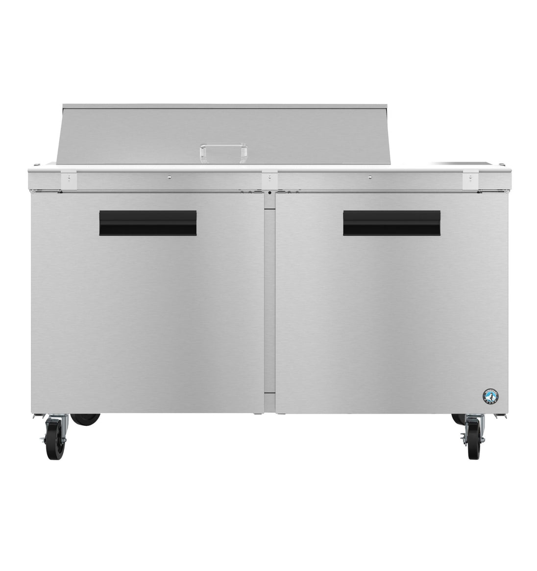 Hoshizaki SR60B-12 sandwich prep table front view showing pan rail and stainless doors