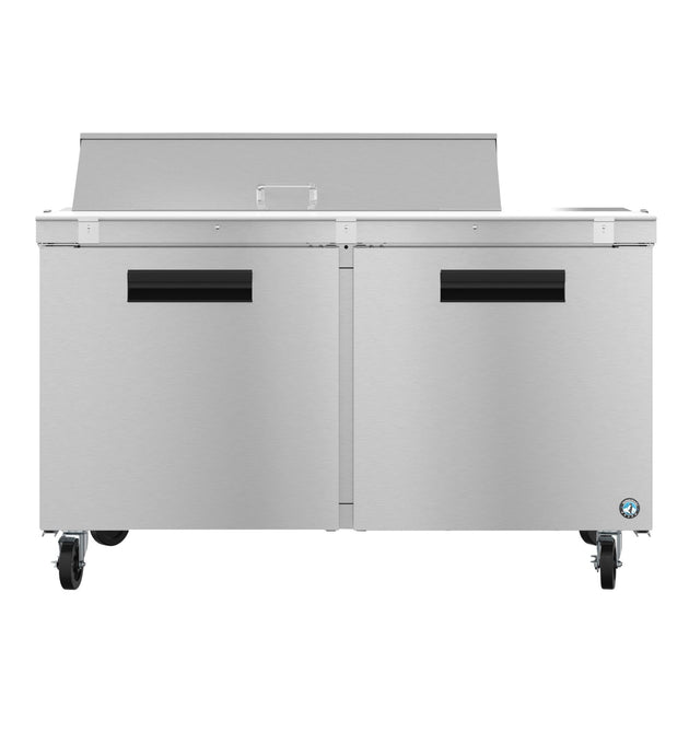 Hoshizaki SR60B-12 sandwich prep table front view showing pan rail and stainless doors