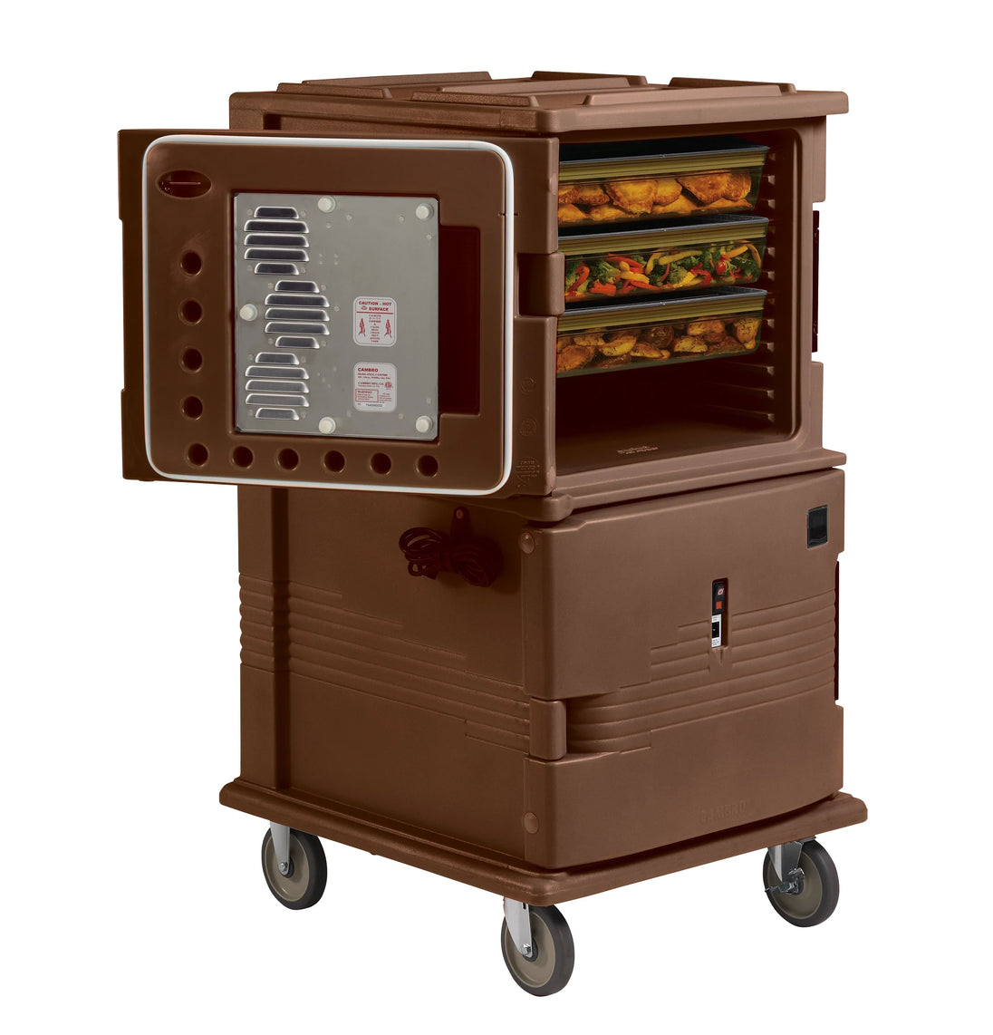 Cambro UPCH16002HD131 220V heavy duty caster Ultra Camcart heated pan carrier in Dark Brown