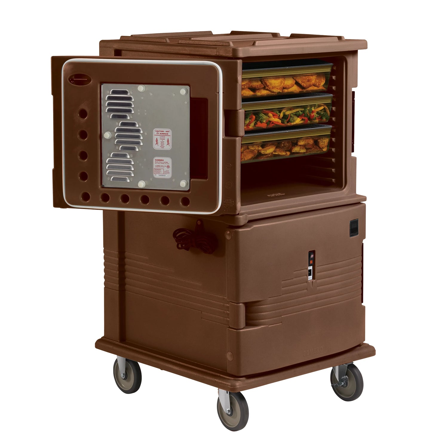 Cambro UPCH16002HD131 220V heavy duty caster Ultra Camcart heated pan carrier in Dark Brown