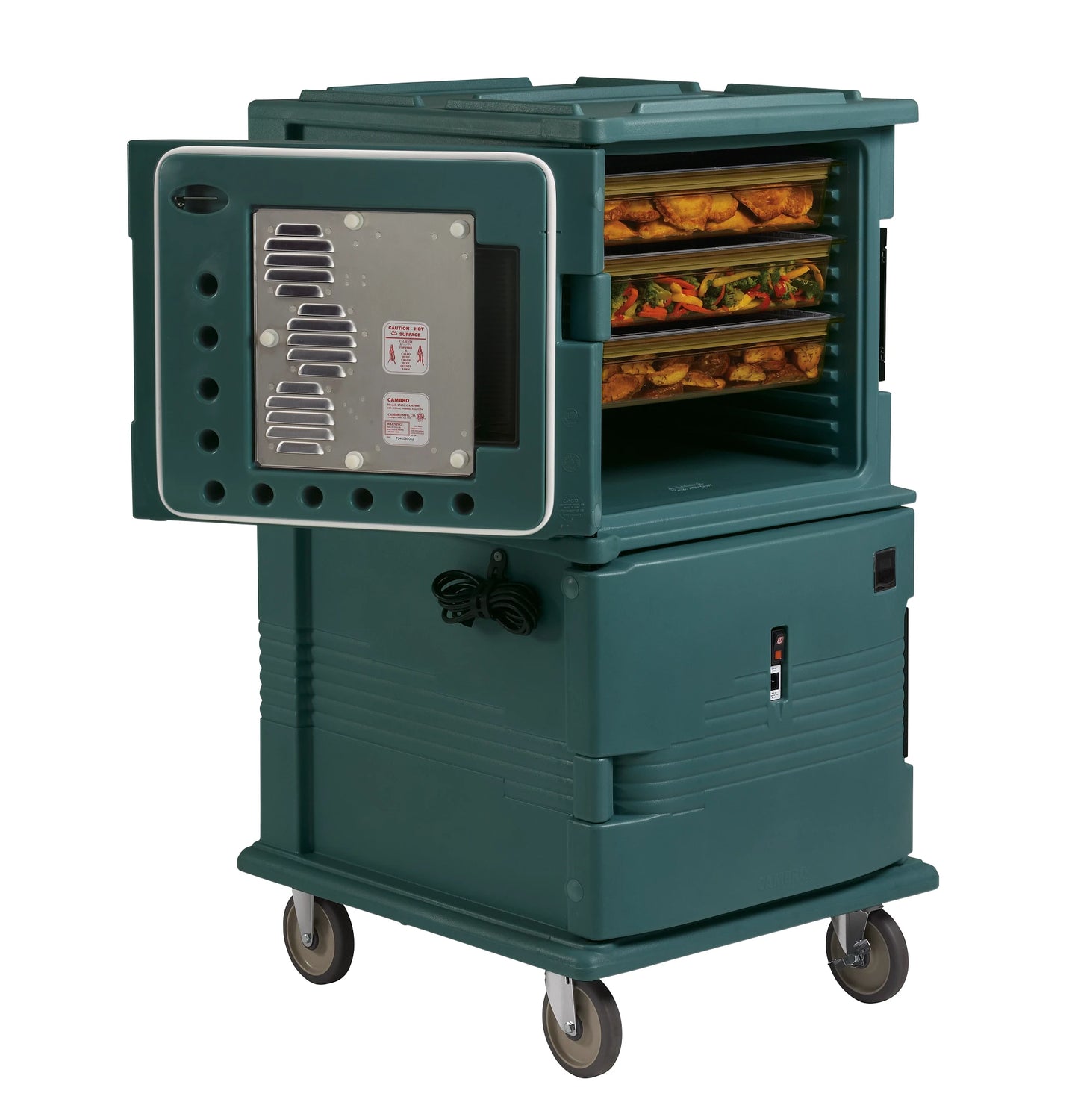 Cambro UPCH16002HD192 220V heavy duty caster Ultra Camcart heated pan carrier in Granite Green