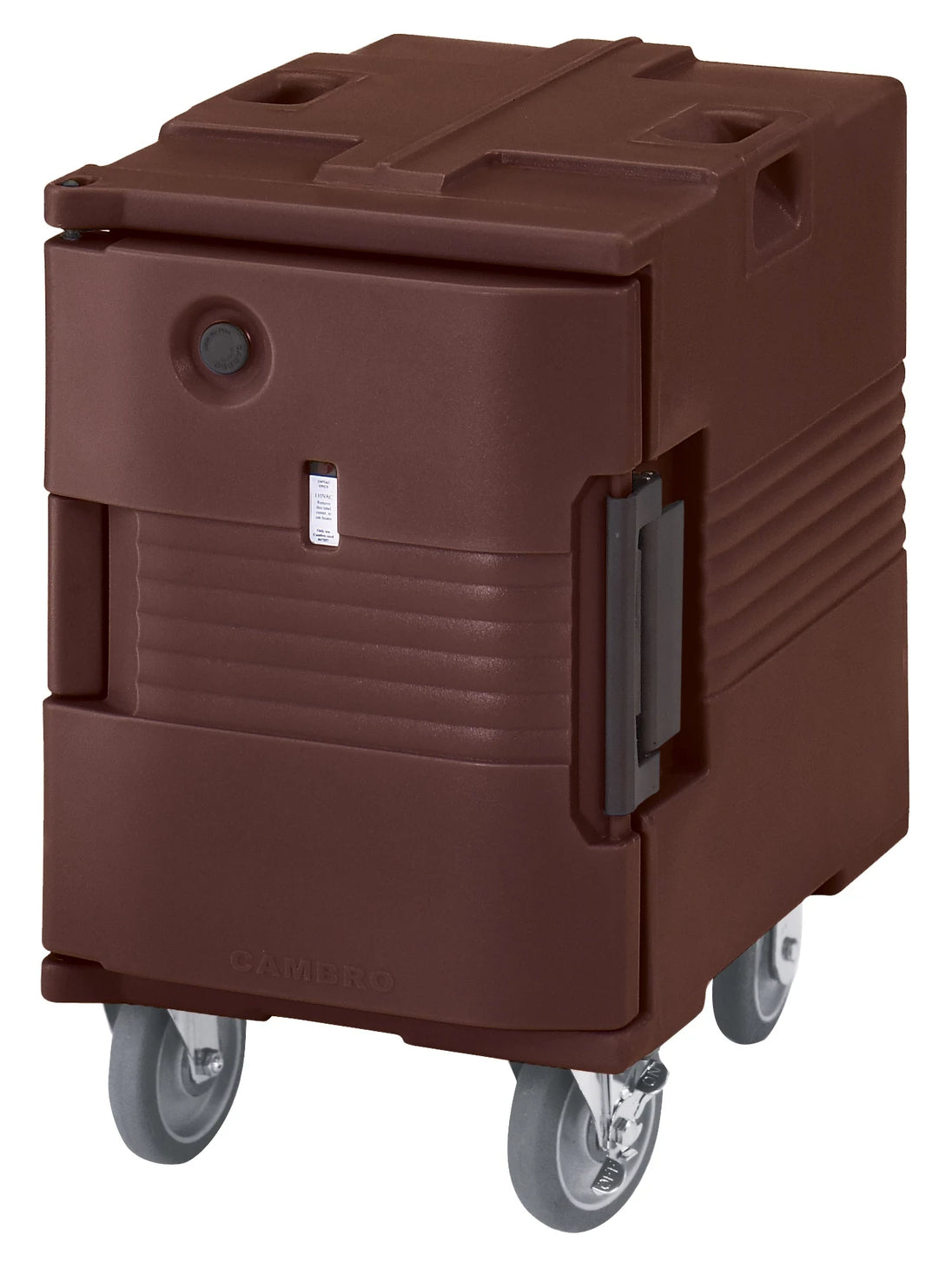 Cambro UPCHW400131 5-caster electric heated pan carrier in Dark Brown