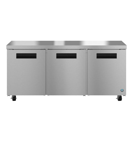 Hoshizaki UR72B undercounter refrigerator front view with three stainless doors