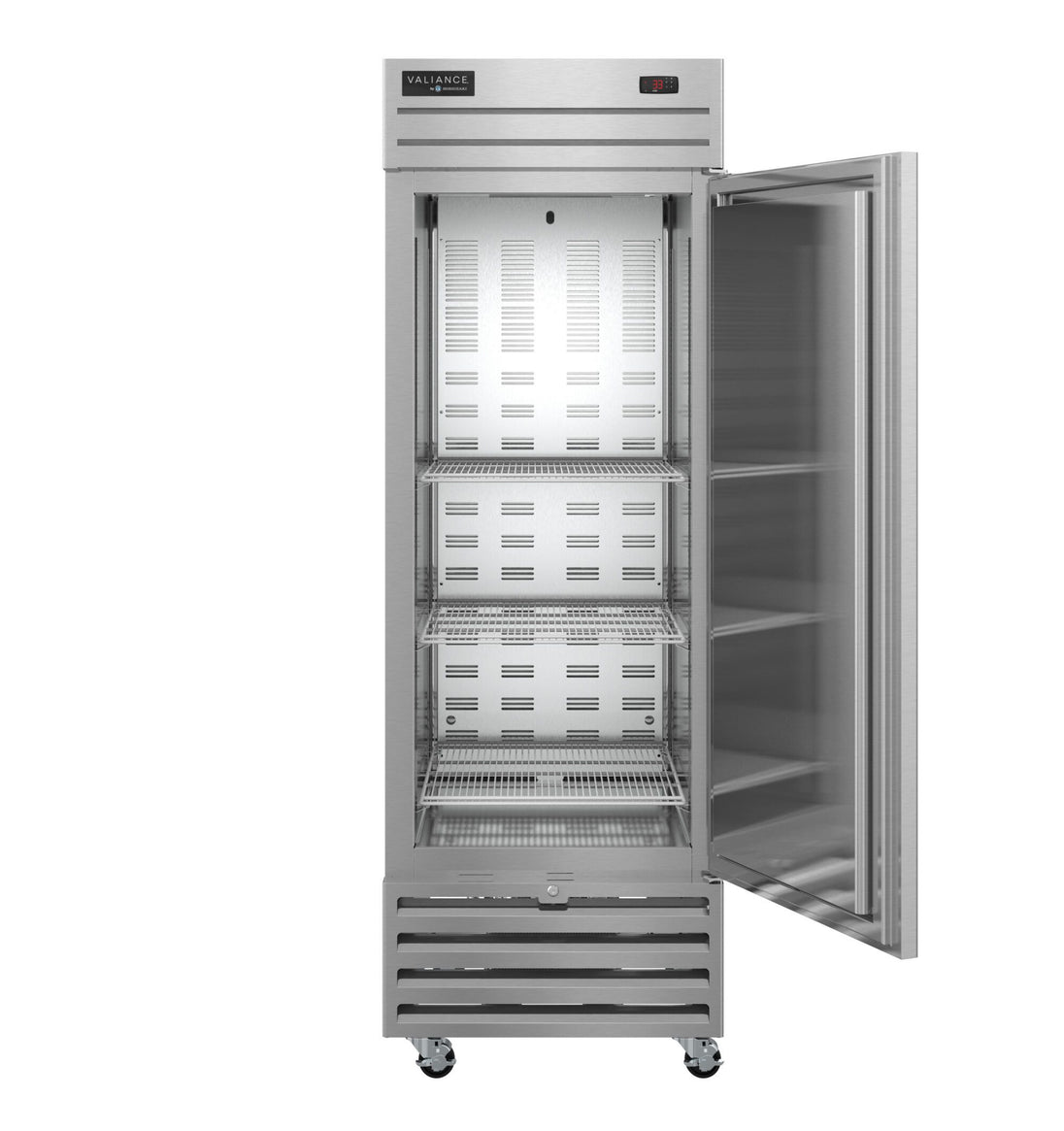Hoshizaki VF1A-FS reach-in freezer with door open showing interior shelving