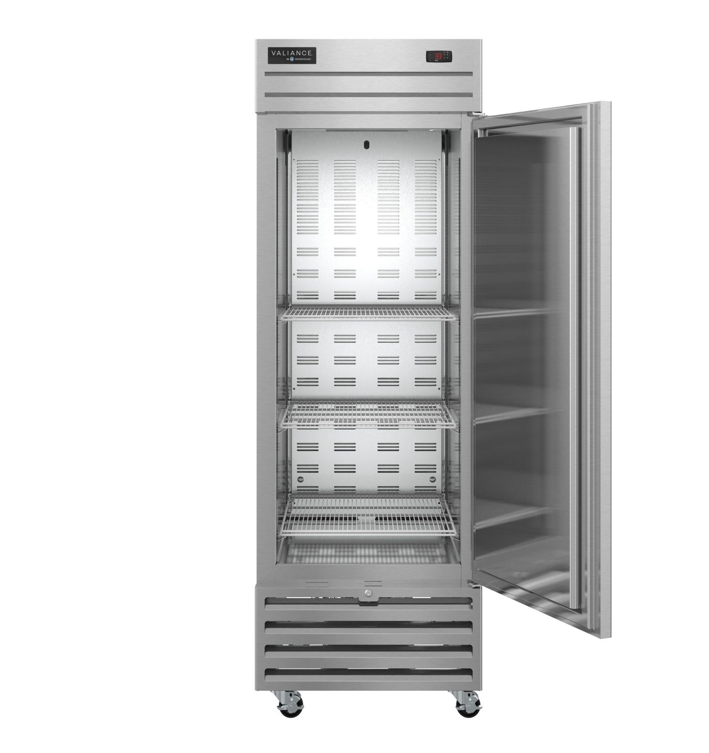 Hoshizaki VF1A-FS reach-in freezer with door open showing interior shelving