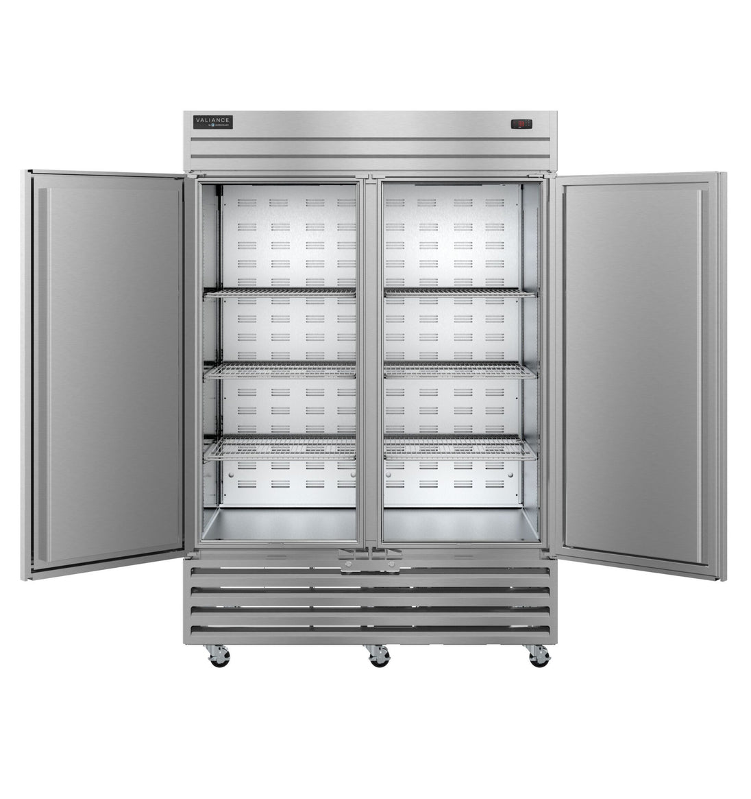 Hoshizaki VF2A-FS reach-in freezer with doors open showing adjustable shelving