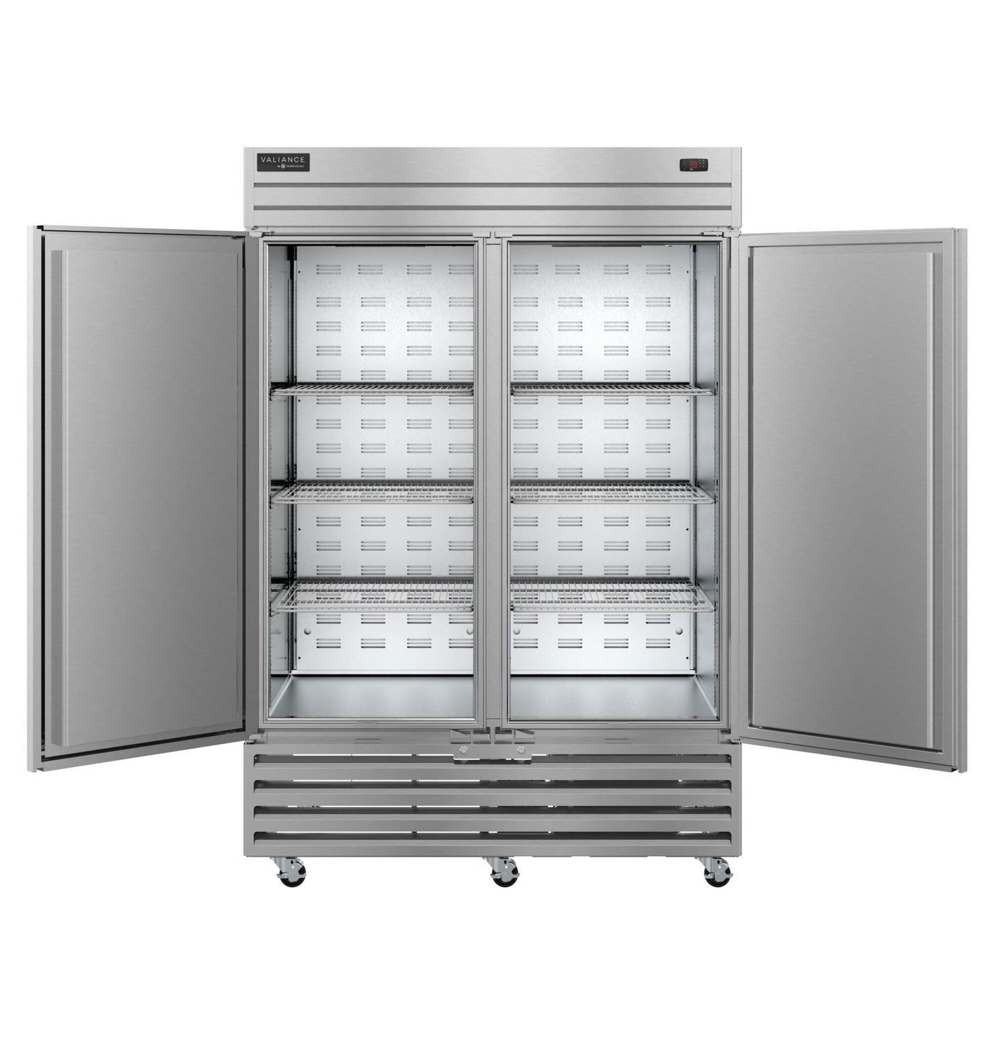 Hoshizaki VF2A-FS reach-in freezer with doors open showing adjustable shelving
