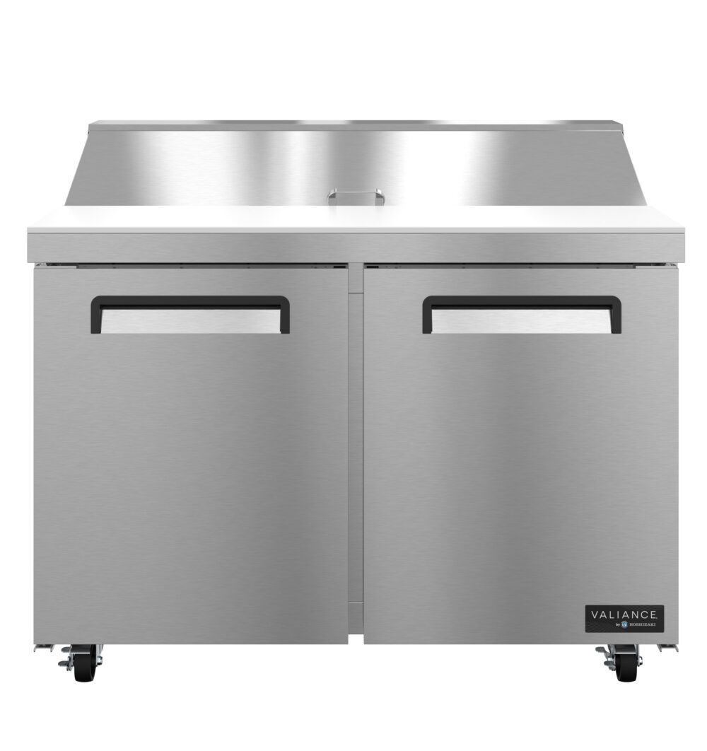 Hoshizaki VSR48A-12 two section sandwich prep table refrigerator with 12 pan rail
