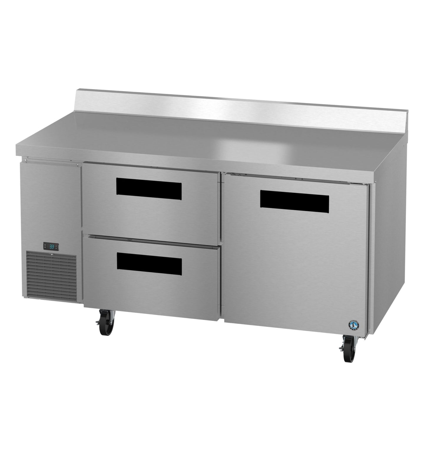 Hoshizaki WLR67B-D2 worktop refrigerator angled view showing stainless work surface