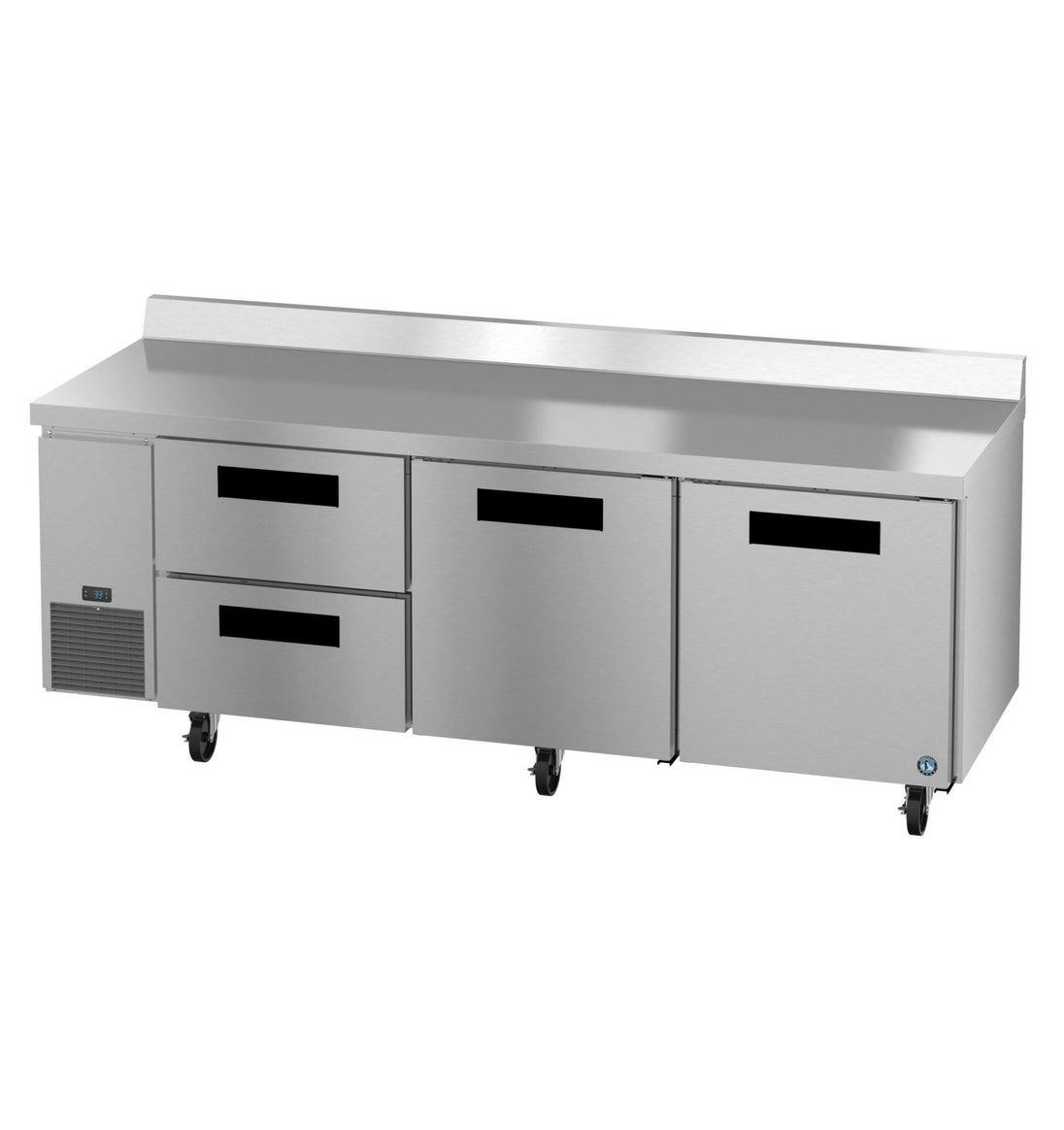 Hoshizaki WLR93B-D2 worktop refrigerator angled view showing stainless work surface