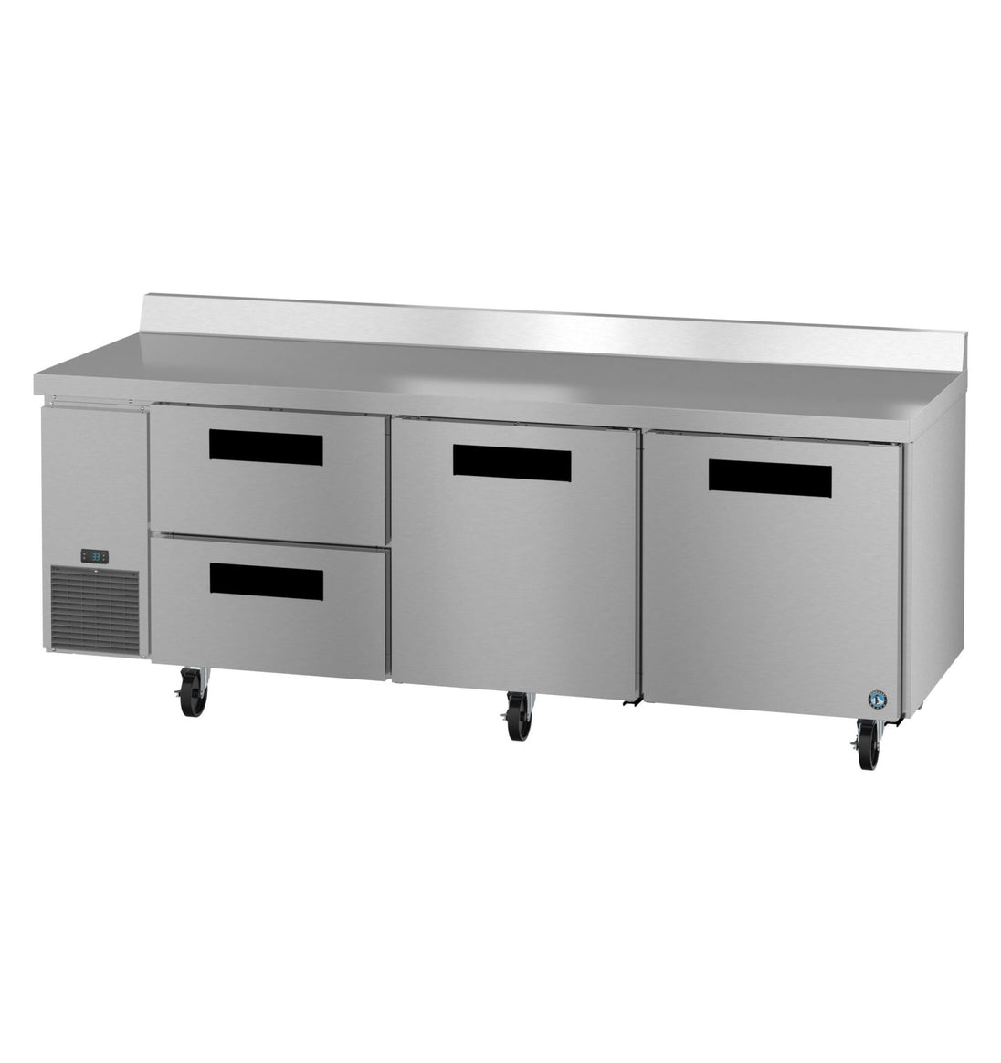 Hoshizaki WLR93B-D2 93 inch three section worktop refrigerator with two doors and two drawers