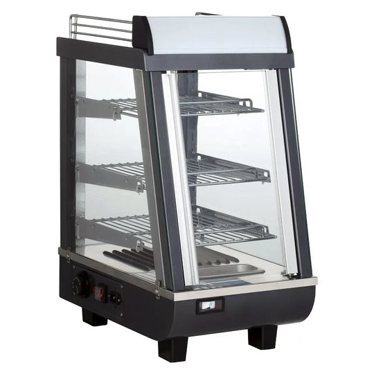 Omcan DW-CN-0076 countertop display warmer with three shelves and sliding doors