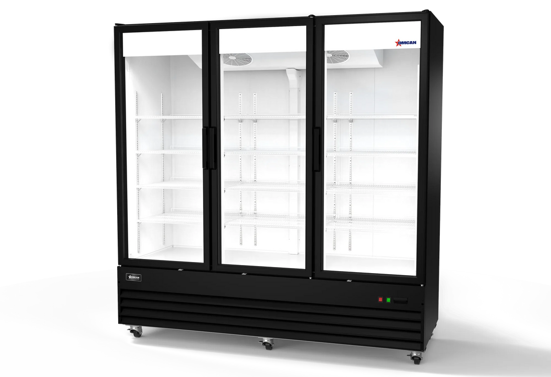 Omcan RE-CN-79R-HC 79 inch black three swing glass door display refrigerator