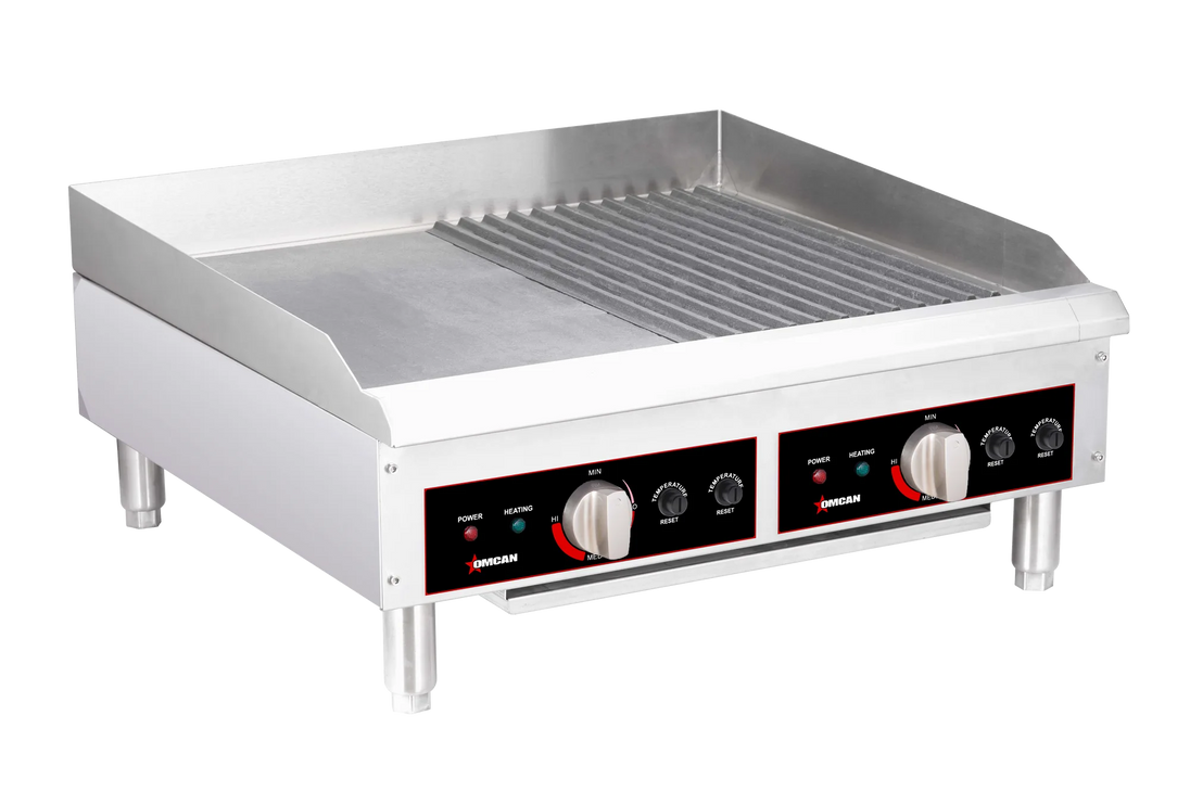 Omcan CE-CN-2419 24 inch electric charbroiler with grill and griddle plates