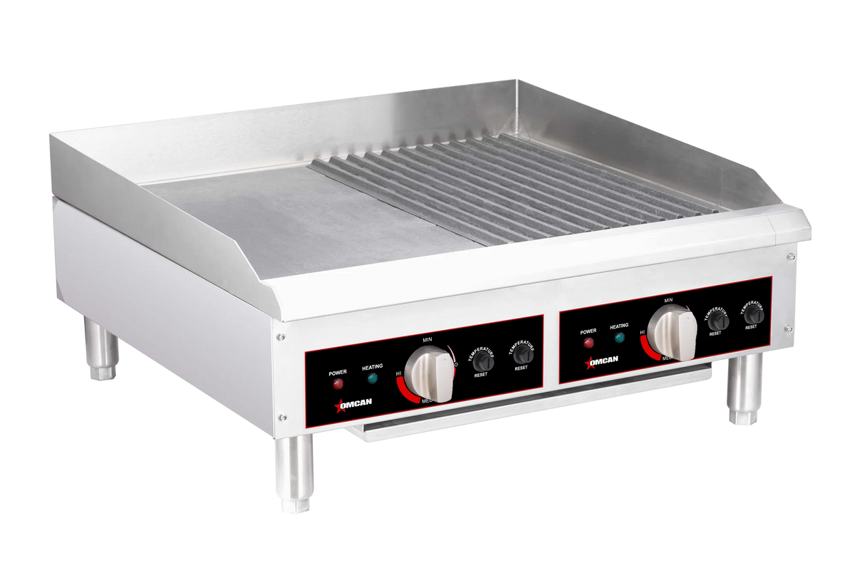 Omcan CE-CN-2419 24 inch electric charbroiler with grill and griddle plates