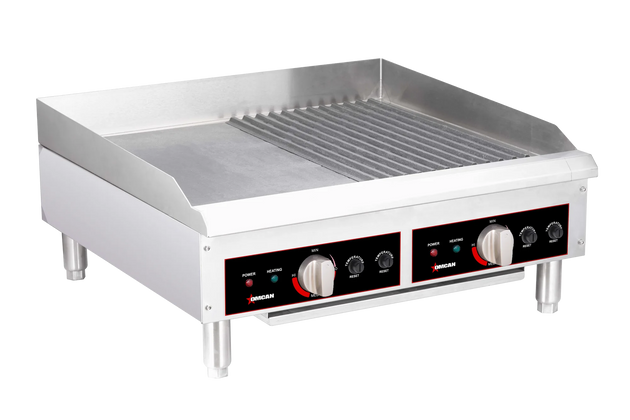 Omcan CE-CN-2419 24 inch electric charbroiler with grill and griddle plates