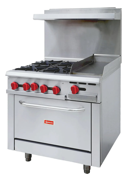 Omcan CE-CN-0004-LP 36 inch liquid propane range with four burners and 12 inch griddle