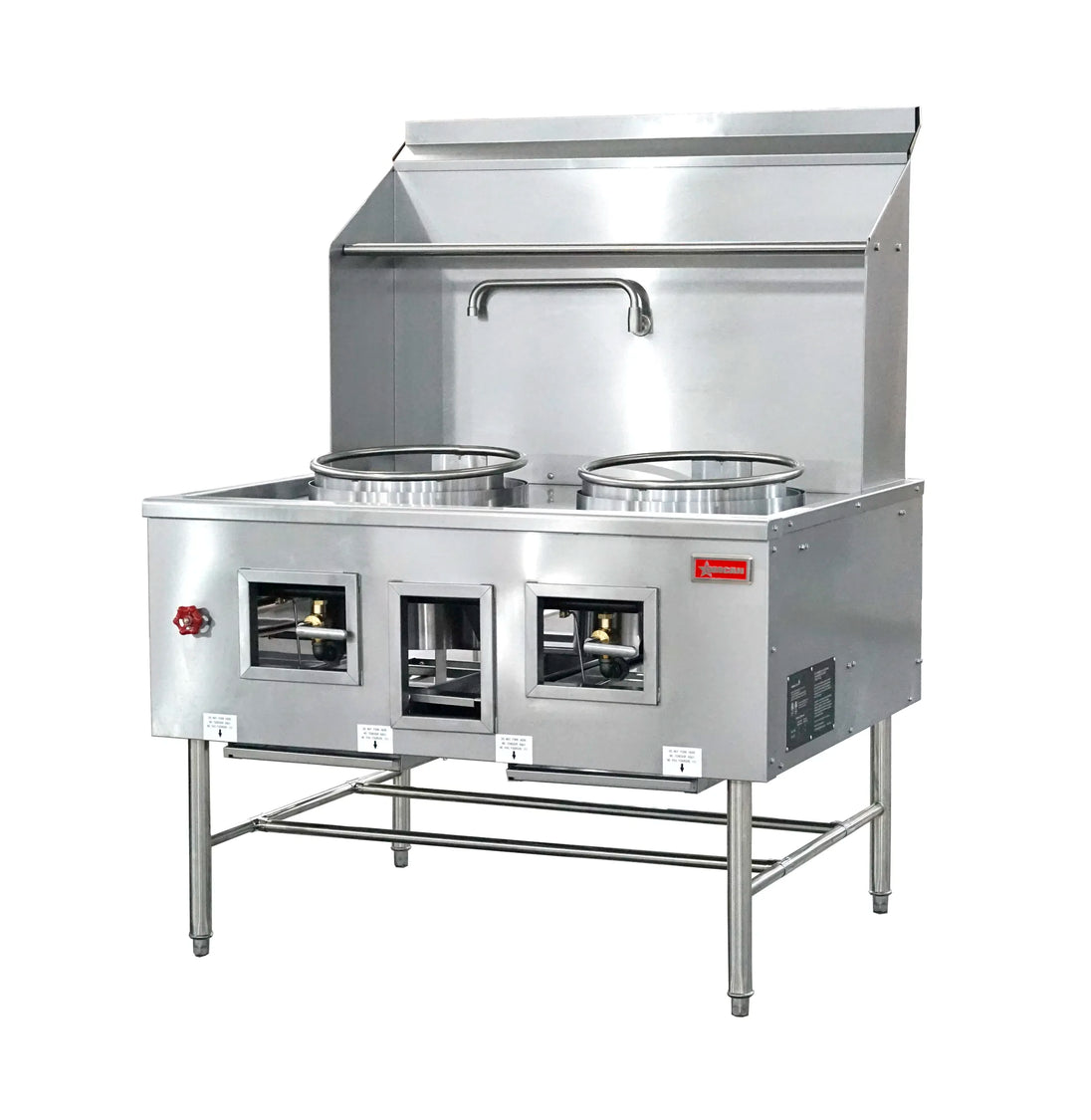 Omcan CE-CN-W2L2-NG two chamber natural gas wok range with two 16 inch rings