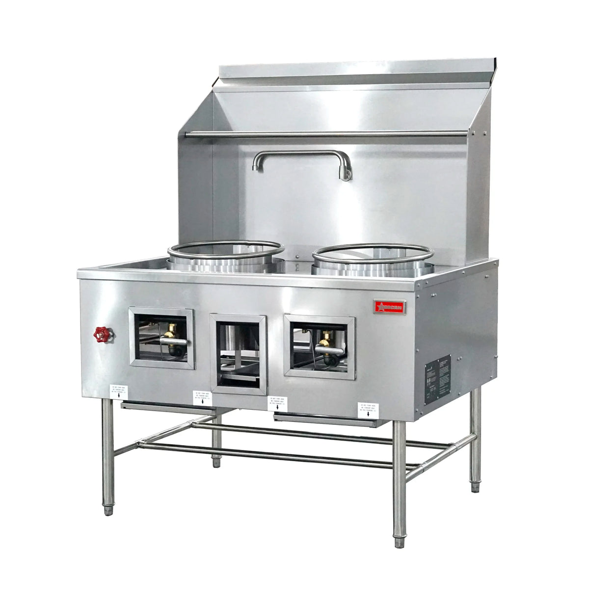 Omcan CE-CN-W2L2-NG two chamber natural gas wok range with two 16 inch rings