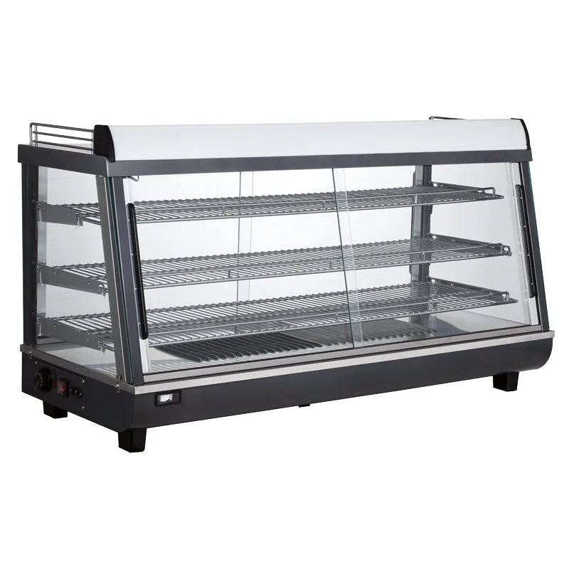 Omcan DW-CN-0186 47 inch countertop display warmer with three shelves and sliding doors