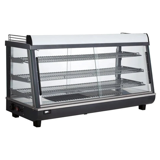 Omcan DW-CN-0186 47 inch countertop display warmer with three shelves and sliding doors