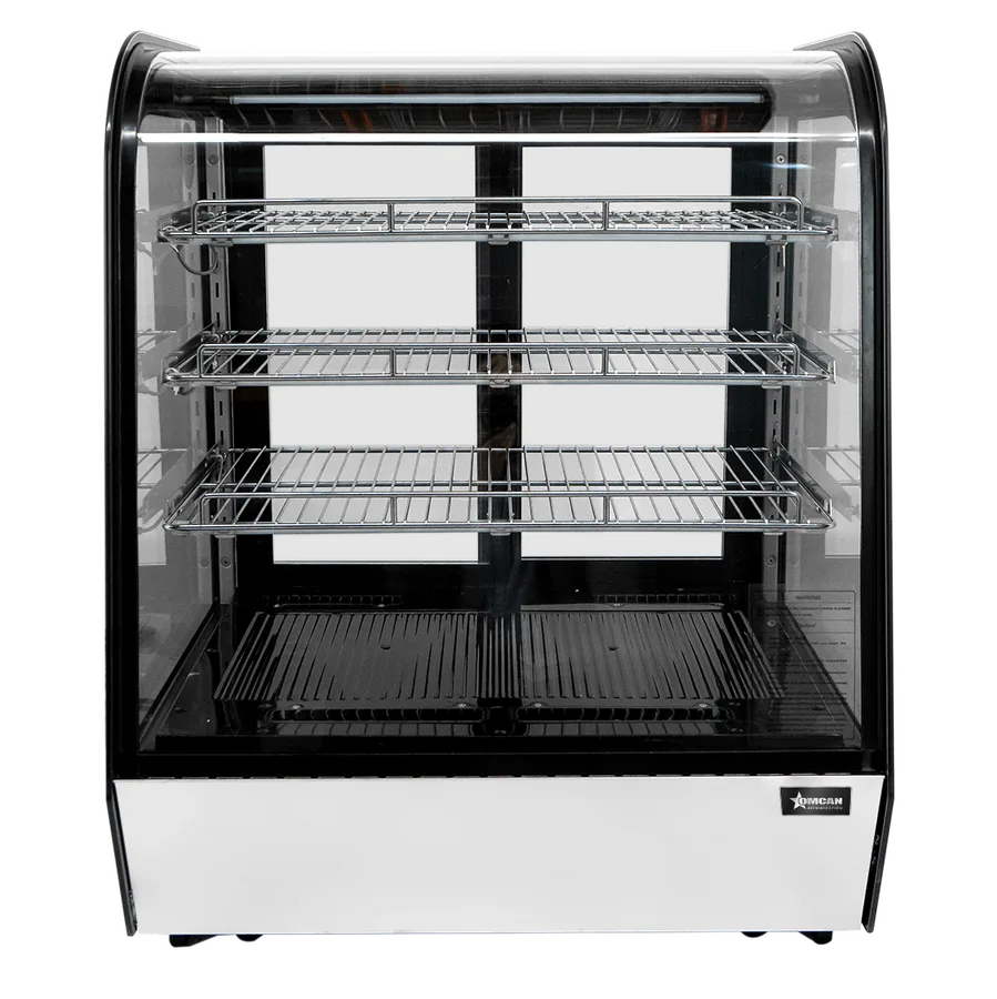 Omcan RC-CN-0145C curved glass countertop refrigerated showcase three shelf display