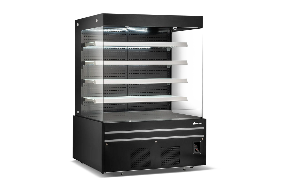 Omcan RS-CN-1500 open front showcase angle view