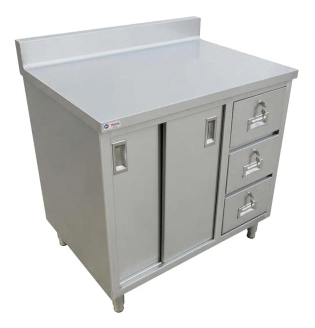 Omcan 45284 30 x 48 Inch worktable with cabinet drawers and sliding doors