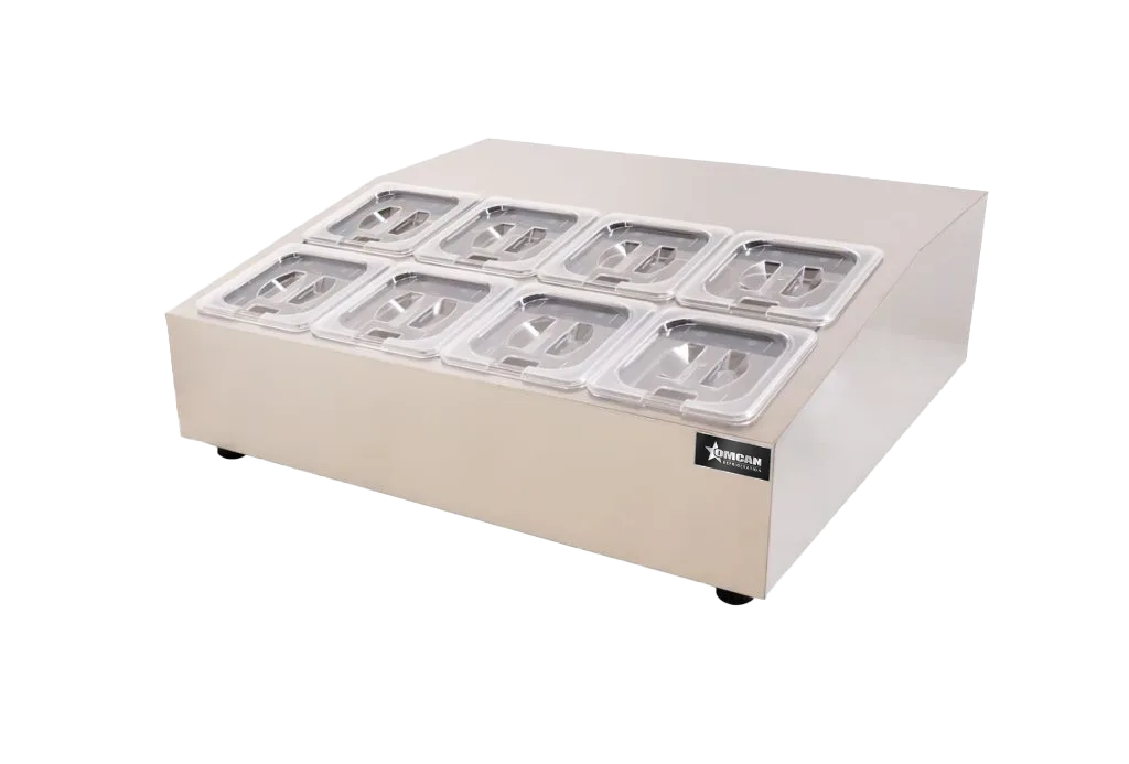 Omcan RS-CN-0008 28 inch countertop refrigerated prep rail for eight 1/6 GN pans