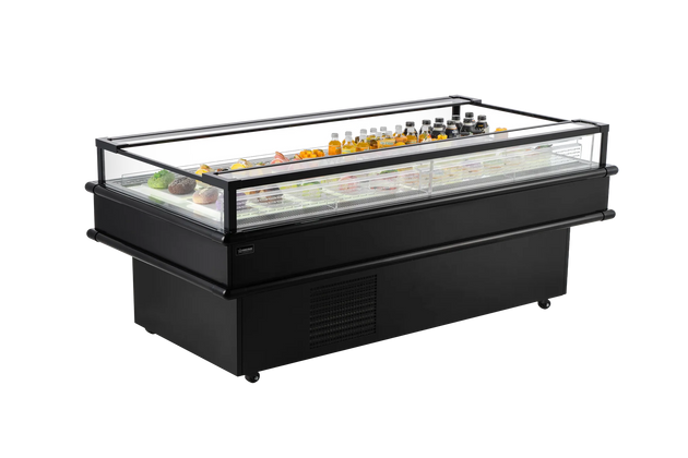 Omcan RE-CN-2100C 85 inch black refrigerated island top open showcase