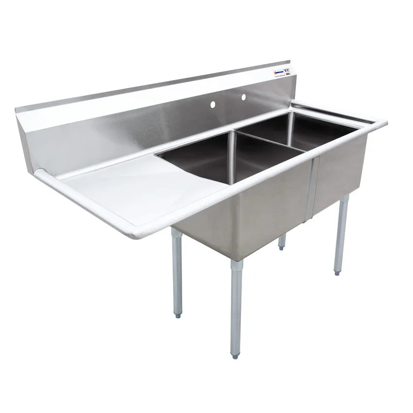 Omcan 43768 two tub stainless steel sink with left drainboard