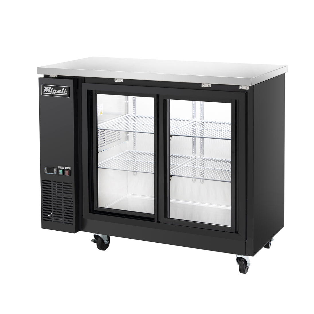 Migali Industries C-BB48SG-HC 48.75 Inch Back Bar Refrigerator - angled view of the two sliding glass door cabinet on casters with empty interior shelving
