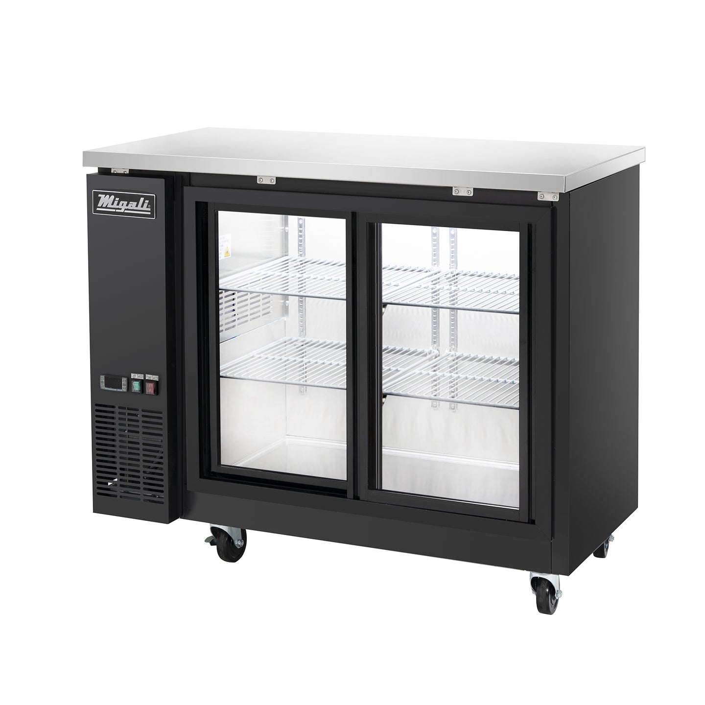 Migali Industries C-BB48SG-HC 48.75 Inch Back Bar Refrigerator - angled view of the two sliding glass door cabinet on casters with empty interior shelving