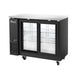 Migali Industries C-BB48SG-HC 48.75 Inch Back Bar Refrigerator - angled view of the two sliding glass door cabinet on casters with empty interior shelving