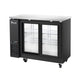 Migali Industries C-BB48SG-HC 48.75 Inch Back Bar Refrigerator - angled view of the two sliding glass door cabinet on casters with empty interior shelving