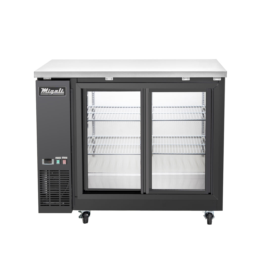 Migali Industries C-BB48SG-HC 48.75 Inch Back Bar Refrigerator - front view of the two sliding glass door cabinet with empty wire shelves and stainless top
