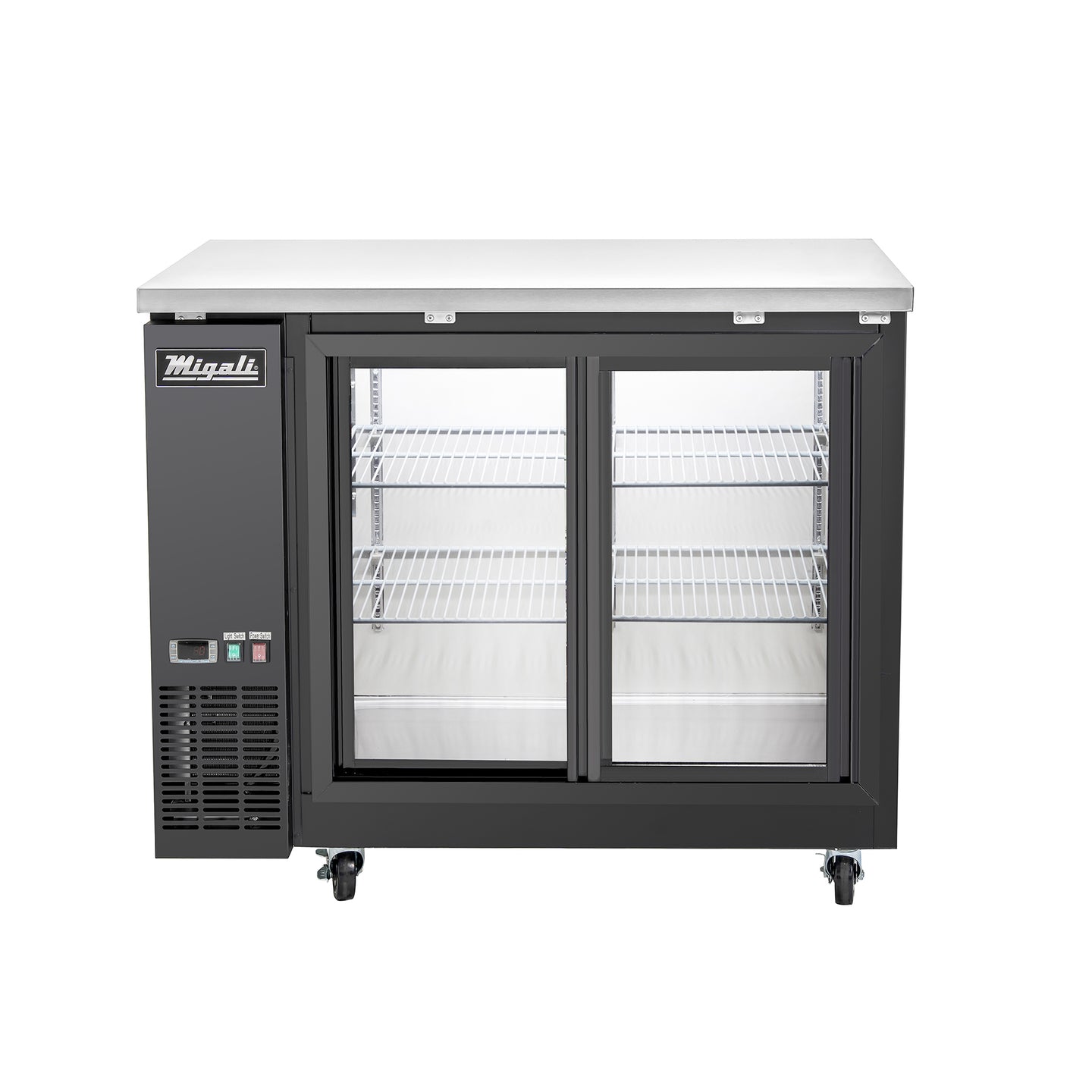 Migali Industries C-BB48SG-HC 48.75 Inch Back Bar Refrigerator - front view of the two sliding glass door cabinet with empty wire shelves and stainless top