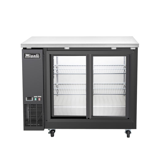 Migali Industries C-BB48SG-HC 48.75 Inch Back Bar Refrigerator - front view of the two sliding glass door cabinet with empty wire shelves and stainless top