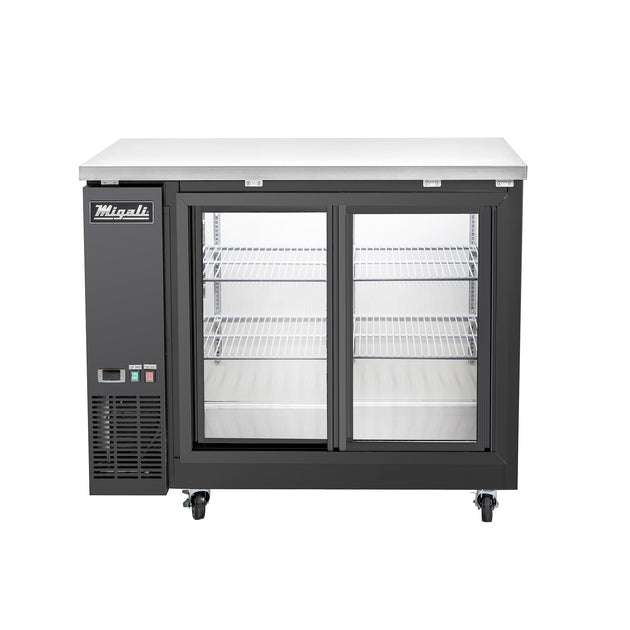 Migali Industries C-BB48SG-HC 48.75 Inch Back Bar Refrigerator - front view of the two sliding glass door cabinet with empty wire shelves and stainless top